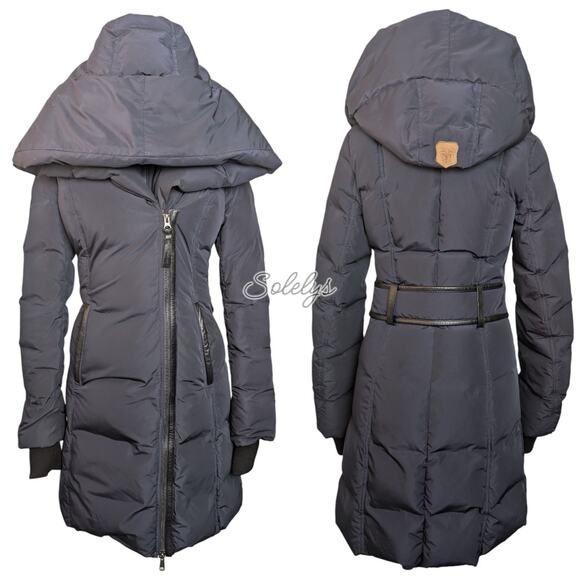 Mackage Kay Down Water Resistant Long Hooded Signature Collar Coat Navy Blue XS - Picture 14 of 14